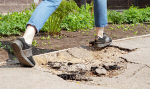 a man's feet step over a hole in the asphalt