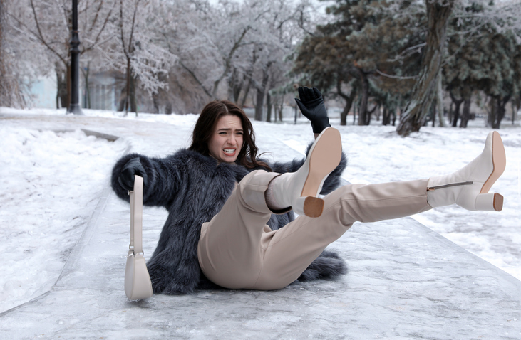 Young woman fallen on slippery icy pavement in park