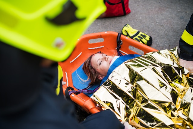 Paramedic attending to an injured person covered with a thermal blanket on a stretcher, illustrating the emergency response after an accident potentially leading to claims of pecuniary loss.