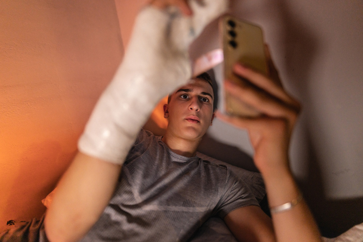 Teenager Intrigued while texting at night, with a cast.