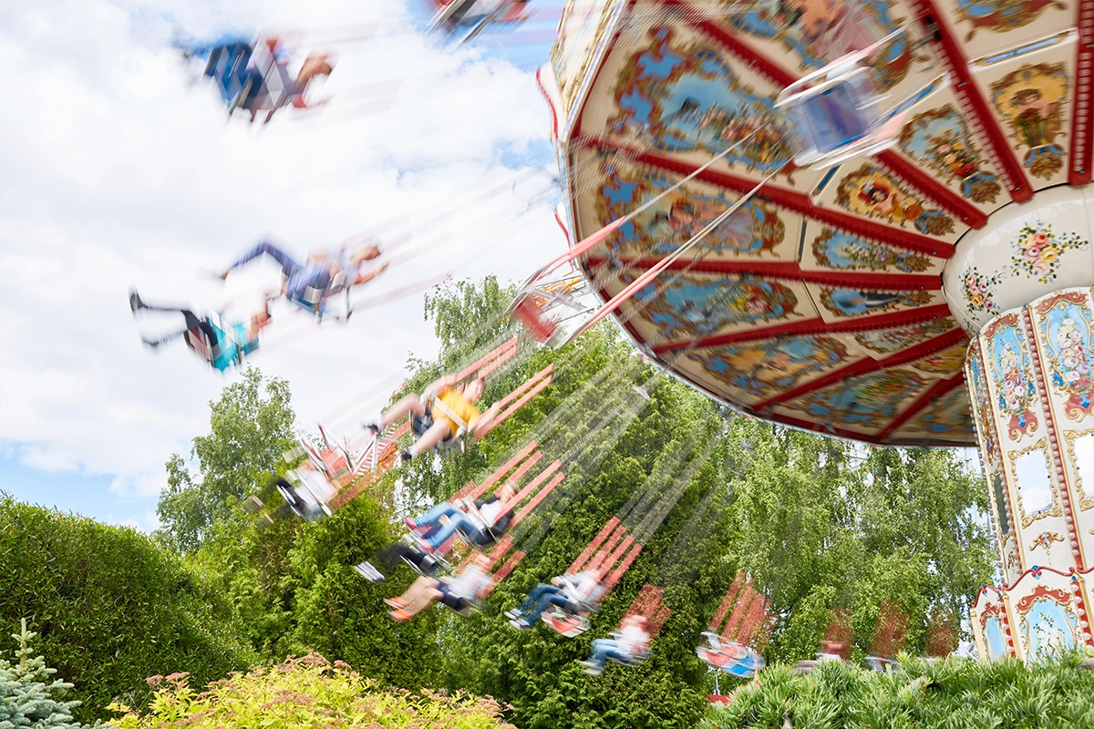 Aerial view of amusement park rides - injuries risk overview