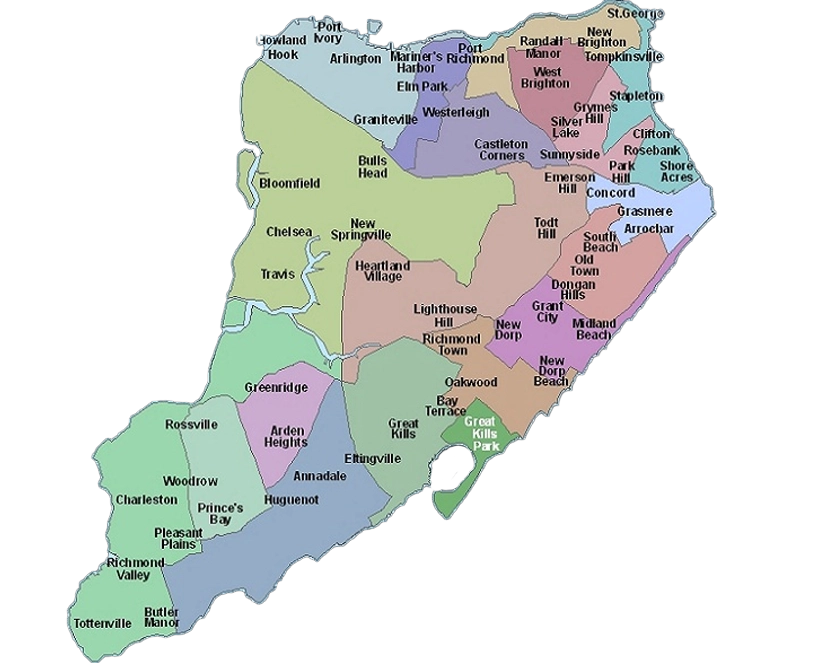 Color-coded map of Staten Island showing neighborhoods including St. George, New Dorp, Tottenville, Great Kills, and Port Richmond