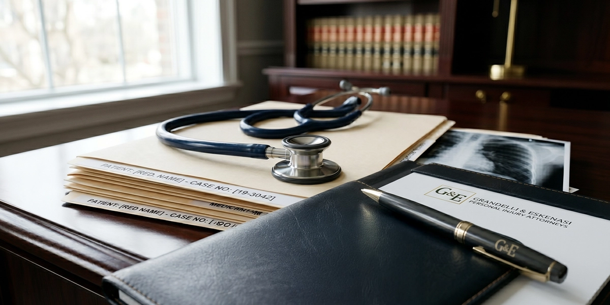 A stethoscope resting on medical records and x-ray films in a professional New York law office.