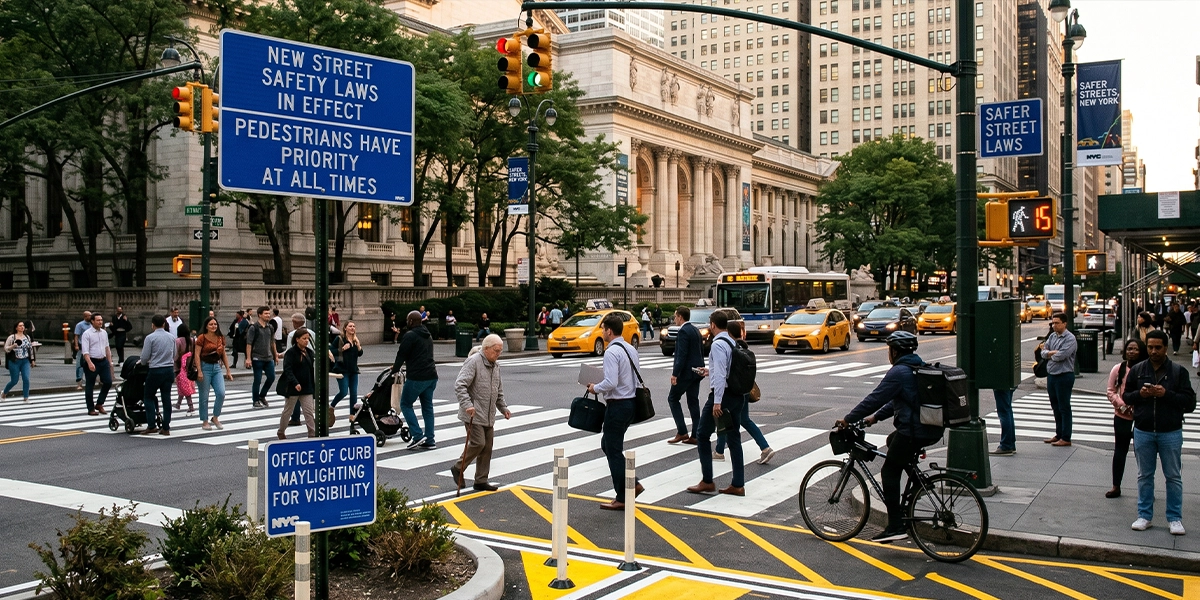 Pedestrians using a crosswalk at a busy New York City intersection, representing new NYC street safety laws and daylighting implemented by the Office of Curb Management.
