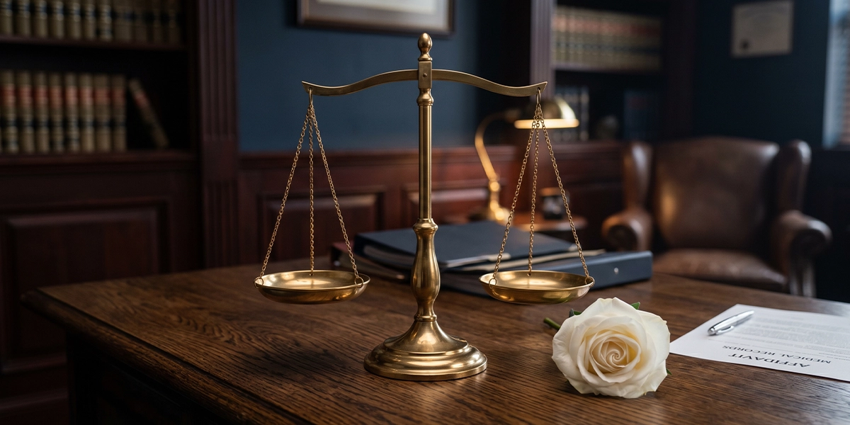 Scales of justice and a white rose representing the Grieving Families Act and wrongful death legal representation in New York.