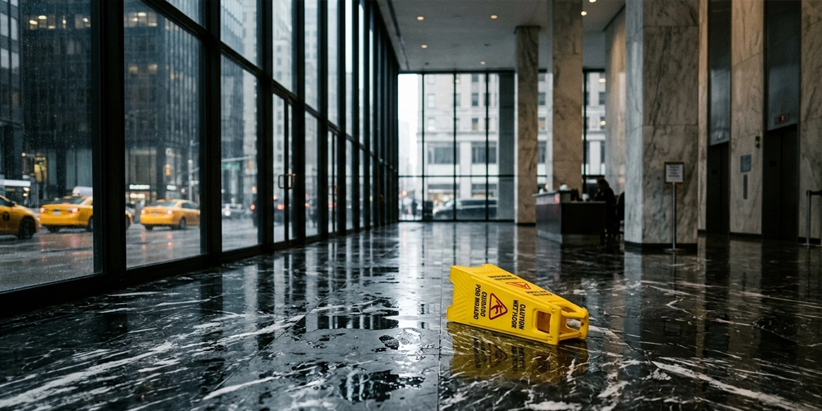 Wet floor in a New York commercial building — premises liability slip and fall accident lawyer