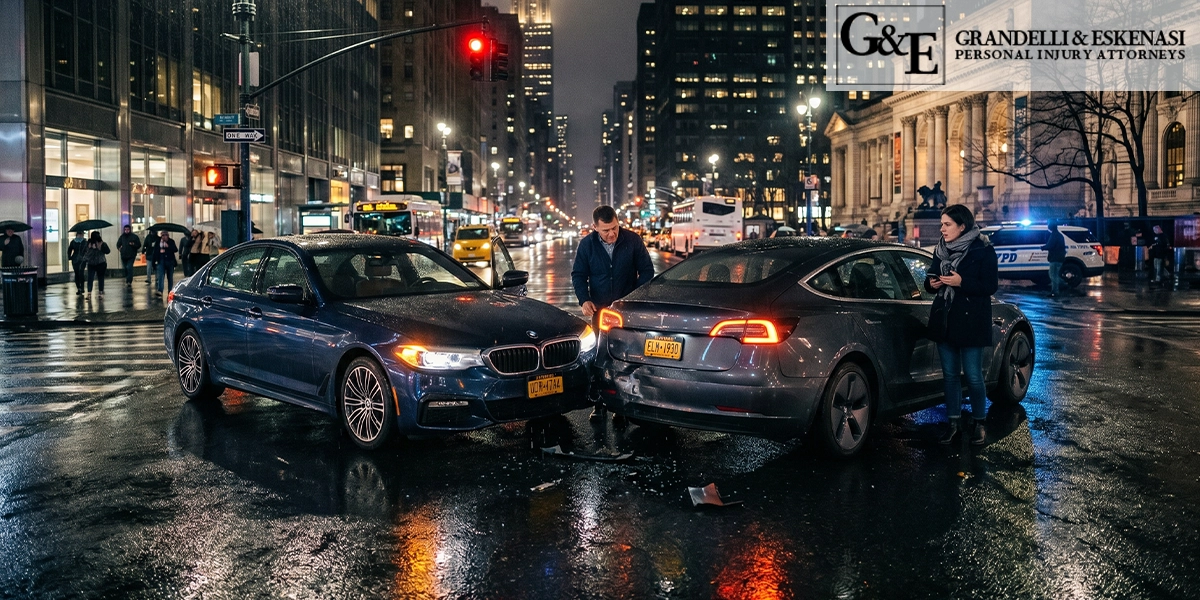 A minor rear-end car collision on a wet New York City street with blurred police lights in the background.