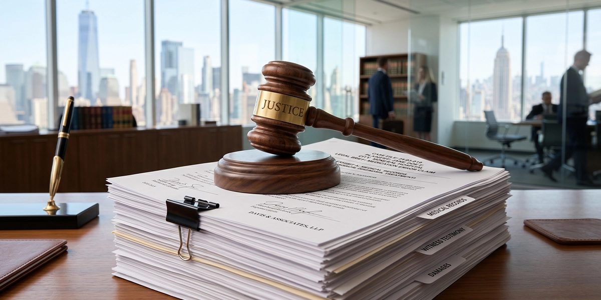 Wooden gavel on legal and medical documents representing personal injury damages and compensation in New York.