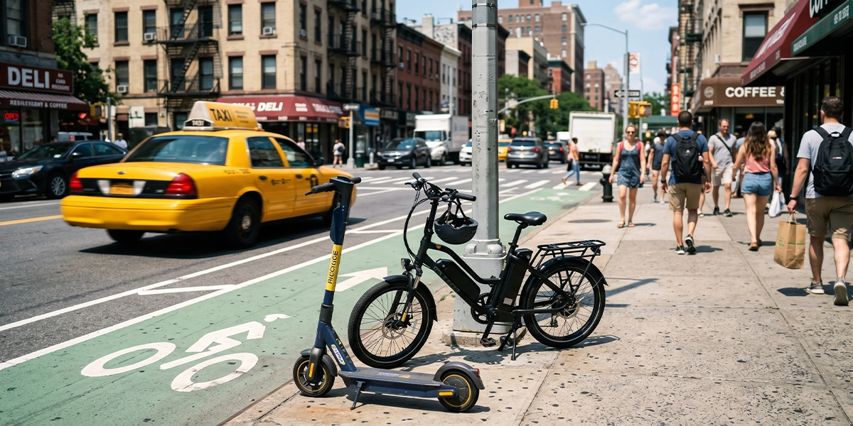 Electric scooter and e-bike on a busy New York City street, representing summer accident risks and liability.