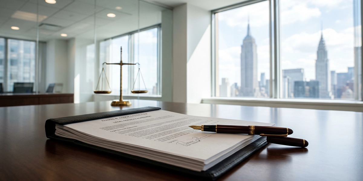 Legal document representing the New York Consumer Litigation Funding Act signed on a desk.