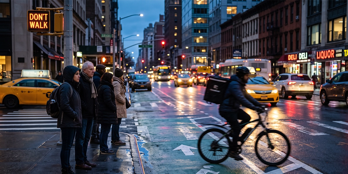 Delivery e-bike speeding through a New York City bike lane past pedestrians at a crosswalk