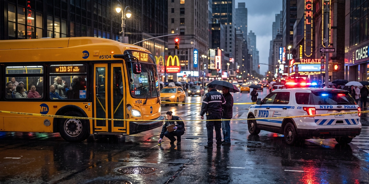 New York City MTA bus at an intersection at night, representing a bus accident investigation scene in NYC.