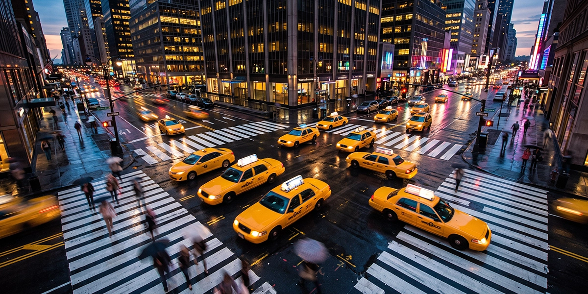 New York City intersection at dusk with taxi traffic, representing car accident cases affected by the 2026 serious injury threshold changes