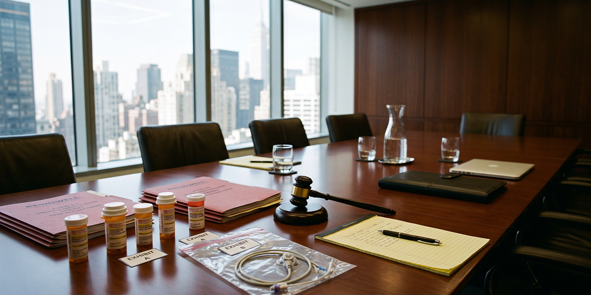 Prescription drug bottles and medical device exhibits on a New York courtroom table with legal documents