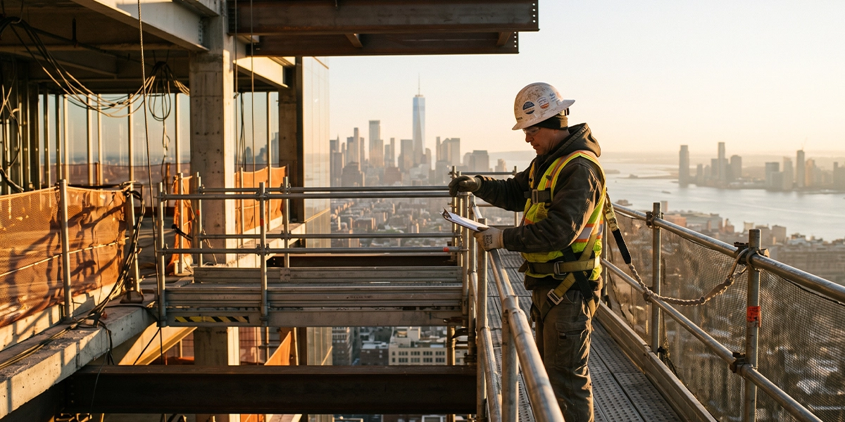 Construction worker wearing a hardhat and safety gear on an elevated NYC job site overlooking the city skyline
