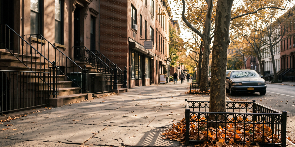 Cracked and uneven concrete sidewalk in New York City with fallen leaves — NYC sidewalk trip and fall accident injury guide