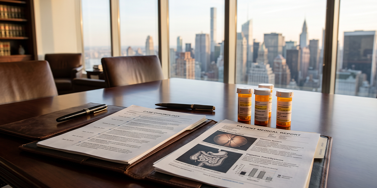Legal briefs, medical case timeline records, and prescription medication on a conference table at a New York law firm handling GLP-1 lawsuits.